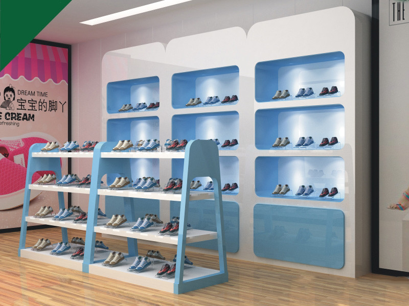 Lovely Blue Color Children Shoe Display Rak Perlengkapan Sepatu Untuk Toko Eceran